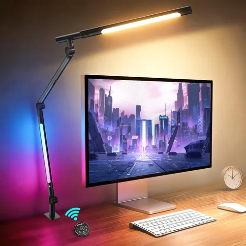 Vista 8 de Lámpara de escritorio LED con abrazadera, luz doble ajustable y control remoto, luz de rompecabezas para mesa sin deslumbramiento, 4 modos