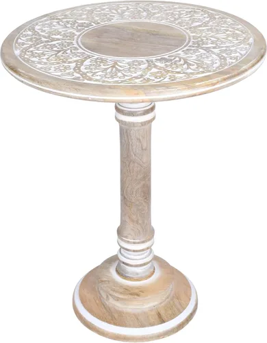 Vista 10 de Mesa auxiliar de madera de mango tallada a mano – Mesa auxiliar redonda de pedestal de 18 x 22 pulgadas para sala de estar, mesita de noche