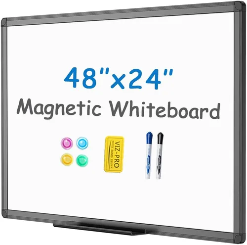 Vista 2 de VIZ-PRO Pizarra blanca magnética/pizarra de borrado en seco con marco de aluminio negro, 48 x 24 pulgadas, incluye 4 borradores y 2 marcadores y 4