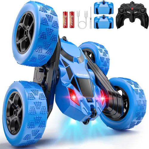 Vista 9 de Hamdol Auto de control remoto para niños, auto de acrobacias RC giratorio de 360°, vehículo eléctrico 4WD de doble cara con luces LED, autos de Azul
