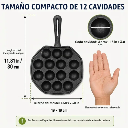 Vista 2 de Anxingo Sartén Takoyaki y Aebleskiver de hierro fundido, 12 agujeros, 7.5