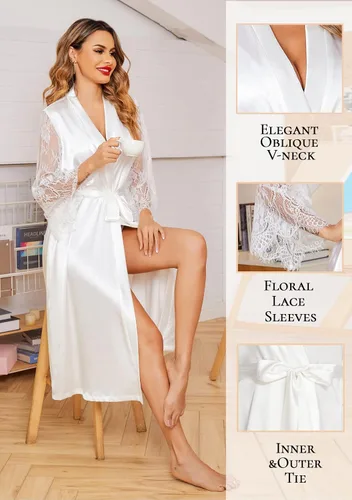 Vista 2 de Avidlove Bata tipo kimono de encaje floral para mujer, de manga larga, bata de baño, bata de novia