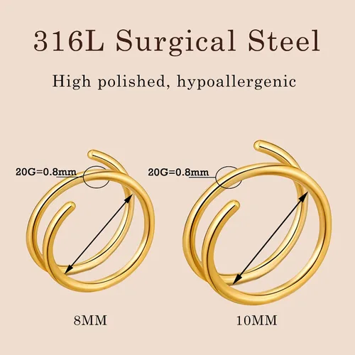 Vista 12 de 2 Pairs Double Hoop Earrings, Gold Cartilage Earrings for Women, Small Silver Helix Piercing Jewelry,Spiral Nose Ring Tiny Twist Earrings as Gift