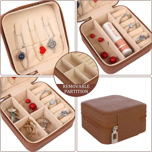 Vista 5 de KElofoN Organizador de joyas de viaje, joyero de viaje, caja organizadora de joyas pequeña para niñas y mujeres (1, marrón)