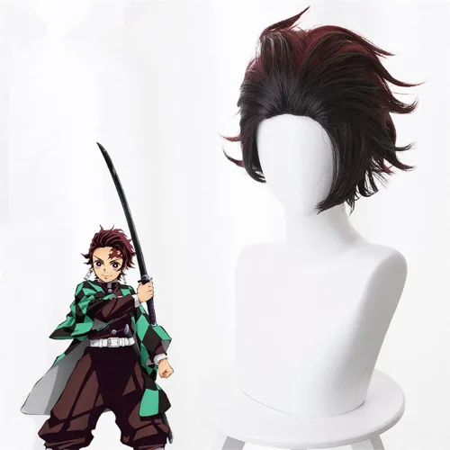 Vista 3 de Anime Kamado Tanjirou - Peluca de cosplay para Halloween, color rojo vino, para mujeres y hombres, pelucas de Halloween