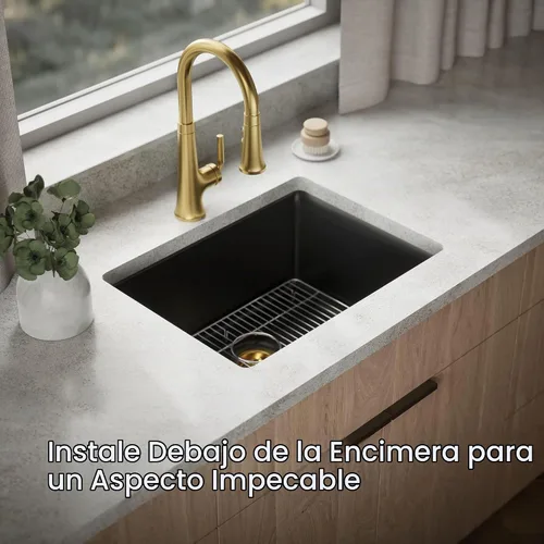 Vista 7 de KOHLER 28003-1-CM1 Kennon® - Fregadero de cocina de 25 pulgadas de montaje superior o inferior, incluye estante para fregadero, color negro mate
