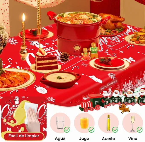 Vista 4 de Paquete de 3 manteles navideños desechables de plástico, manteles de mesa navideños rectangulares rojos para fiestas, con estampado de árbol