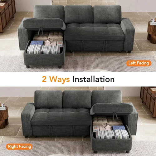 Vista 10 de Vipbear Sofá cama modular de 81 pulgadas con cama extraíble, sofá cama en forma de L, sofá extraíble con respaldo reclinable, diván de Gris oscuro