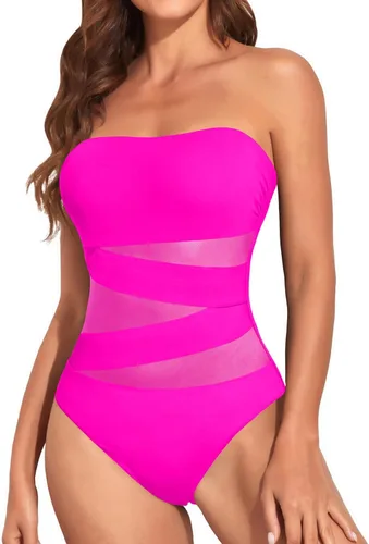 Vista 5 de Holipick Traje de baño de una pieza sin tirantes para mujer, sexy, con corte de malla, con control de abdomen