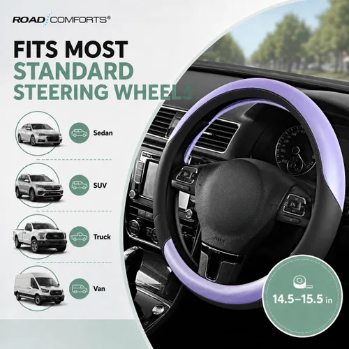 Vista 6 de Road Comforts Funda para Volante – Funda para Volante de Cuero Transpirable, Agarre Antideslizante, Ajuste Universal de 14.5" a 15", Resistente al