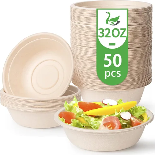 Vista 8 de Cuencos de papel desechables, 24 onzas [paquete de 50] Tazón grande - 100% compostable, biodegradable, ecológico, conveniente para el uso diario