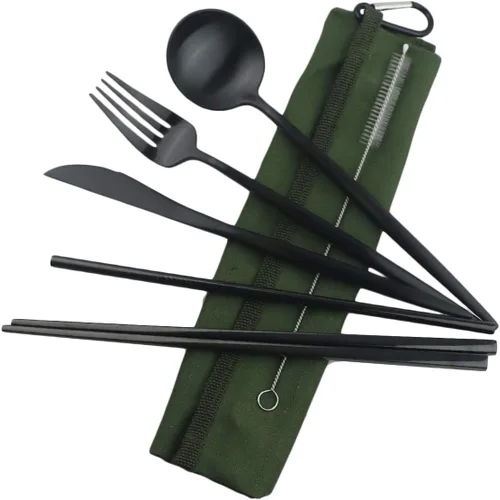 Vista 21 de Utensilios de viaje reutilizables, 7 piezas portátiles de acero inoxidable 304, incluyendo cuchillo, tenedor, cuchara, palillos, cepillo
