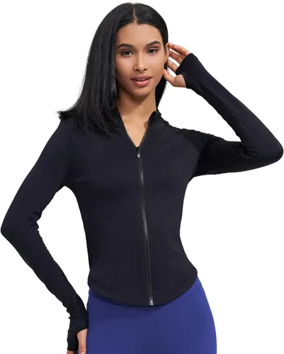 Vista 2 de Chaqueta deportiva de manga larga para mujer, con cremallera completa, para correr, entrenamiento, yoga, ropa deportiva con agujeros para el pulgar