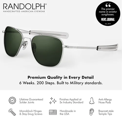 Vista 2 de Randolph USA - Lentes de sol de aviador para hombre o mujer cromo mate clásicos polarizados y no polarizados con protección UV
