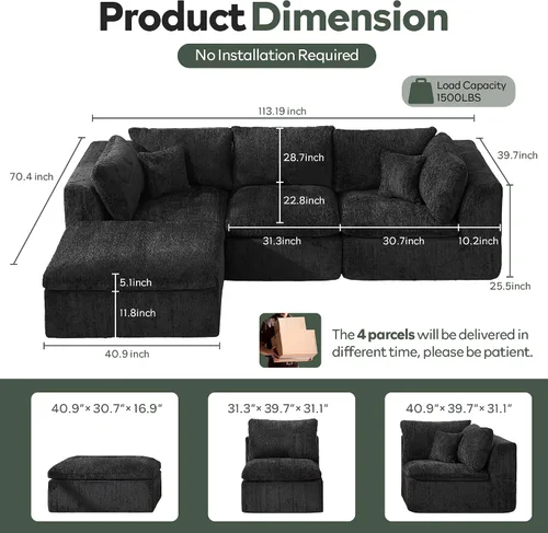 Vista 2 de STHOUYN Sofás Seccionales Modernos Negros de 114" sin Estructura para Sala de Estar, Sofá Nube Modular Negro en Forma de L con Otomana, Cómodo Sofá