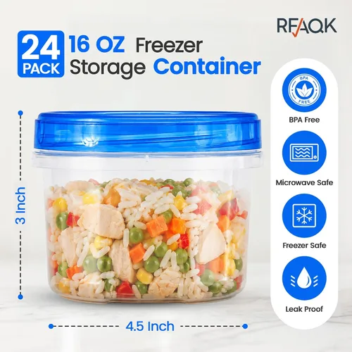Vista 2 de RFAQK 24 recipientes de almacenamiento para congelador con tapas - 12 recipientes de plástico para delicatessen de 16 oz con 12 tapas de rosca