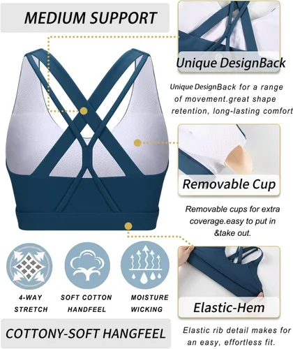 Vista 3 de RUNNING GIRL Brasier deportivo para mujer, soporte medio-alto con tirantes cruzados en la espalda con relleno, sujetadores deportivos de apoyo