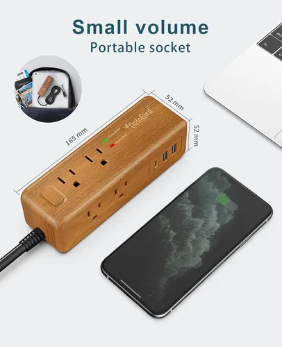 Vista 5 de Regleta de alimentación con 8 tomacorrientes con 2 puertos USB-A+1USB-C, estación de carga, cable de extensión larga, enchufe plano en ángulo recto
