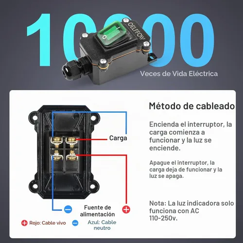 Vista 5 de Interruptor de palanca de encendido y apagado impermeable con botón basculante de luz verde, interruptor de cable en línea DPST AC/DC 20A-125V