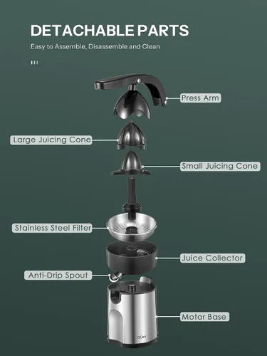 Vista 6 de Exprimidor eléctrico profesional de cítricos de acero inoxidable cepillado, 2 conos intercambiables para naranja, limón y pomelo, fácil de limpiar