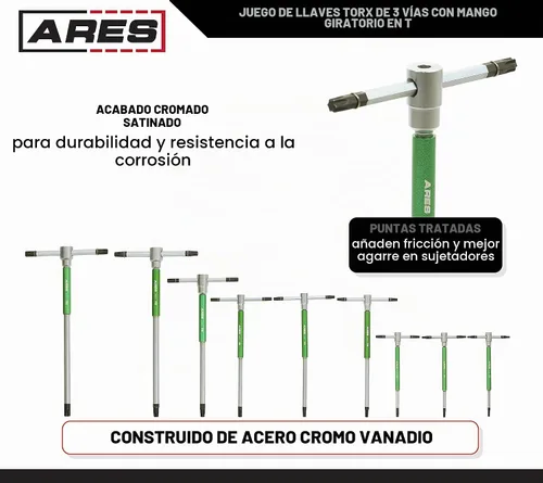 Vista 3 de ARES 44003 9-Pc Torx T-Handle Star Key Set - T10-T50, 3-Way Spinner