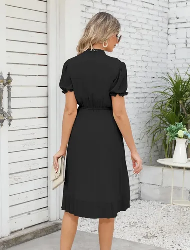 Vista 7 de HAOKEKE Vestido estampado de mujer de manga larga vestido de gasa retro marrón rejilla plisada botones abajo pajarita hada señora vestido