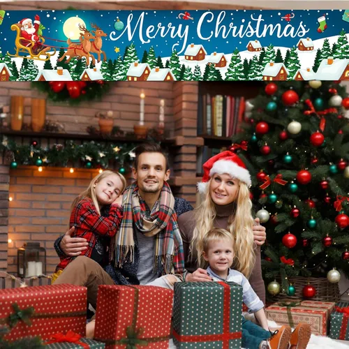 Vista 6 de Cartel de Navidad al aire libre, gran tela azul decoraciones de Feliz Navidad con Papá Noel renos regalos de fondo, cartel de Navidad para patio