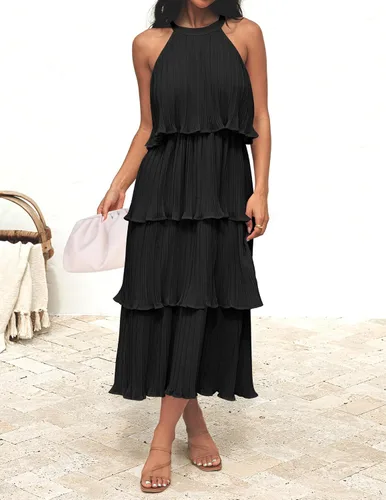 Vista 2 de Zesica Vestido de verano sin mangas, con cuello halter y volantes escalonados, de gasa, con vuelo, largo por debajo de la rodilla