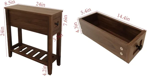 Vista 2 de Mesa auxiliar estrecha para silla, mesa auxiliar reclinable sólida con cajón, mesita de noche delgada para sala de estar y dormitorio