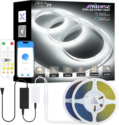 Vista 10 de MIWISE Tira de luces LED COB, tira de luz LED de 2700 K, blanco cálido, 20 pies, regulable, súper brillante, 24 V, cinta flexible de alta densidad