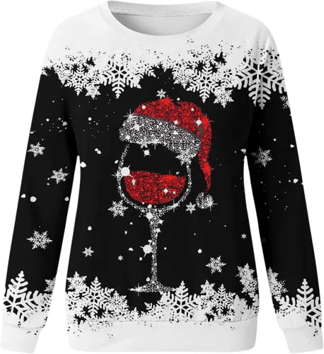 Vista 3 de Rvidbe Suéter feo de Navidad para mujer, estampado de copa de vino tinto, casual, cuello redondo, manga larga, sudaderas