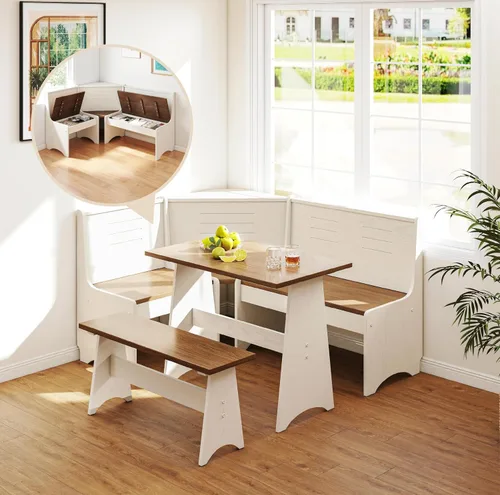 Vista 8 de Rincón de Desayuno Mesa de Comedor de Esquina de Cocina Juego de Banco y Silla, con Puertos de Carga, Almacenamiento Oculto que Ahorra Espacio 3-5
