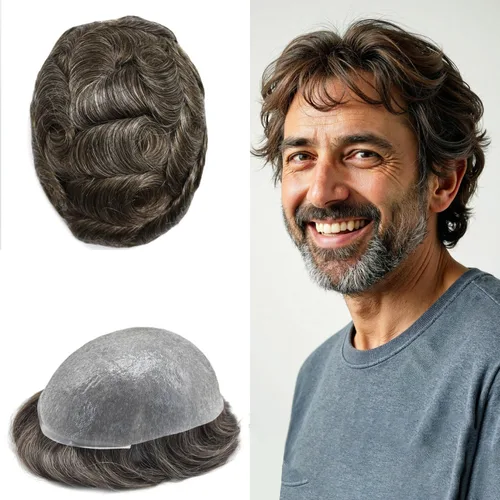 Vista 70 de Tupé de piel ultra fina para hombres pieza de cabello humano real sistema de reemplazo 0.002 in Mens Toupee Hairpiece para hombres V-Loop 8x10 80%