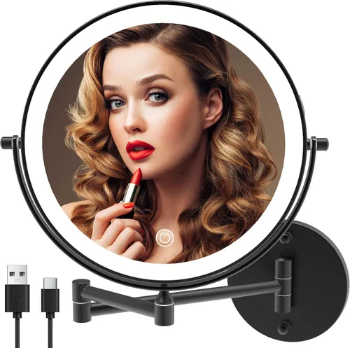 Vista 7 de Espejo de maquillaje recargable montado en la pared iluminado para el tocador de 20 centímetros de doble cara con aumento 1X 10, espejo de baño