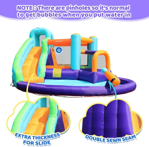 Vista 6 de Doctor Dolphin - Casa inflable de rebote con tobogán acuático, casa inflable para niños grandes, tobogán acuático para patio trasero, parque