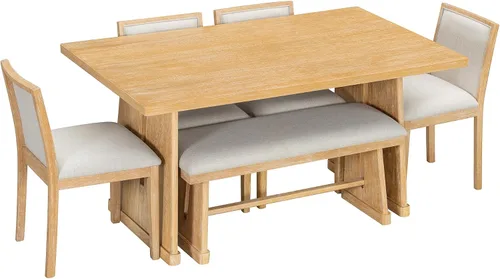 Vista 185 de Juego de mesa de comedor vintage de 6 piezas, juego de mesa de comedor de cocina de madera maciza con 4 sillas ergonómicas acolchadas y banco, mesa