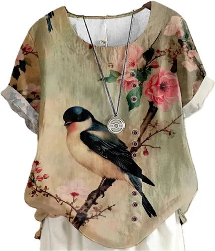 Vista 28 de domirica Flower Bird Printed Loose Boho Shirts Women Plus Size Summer Crew Neck Short Sleeve Blouses Colorido