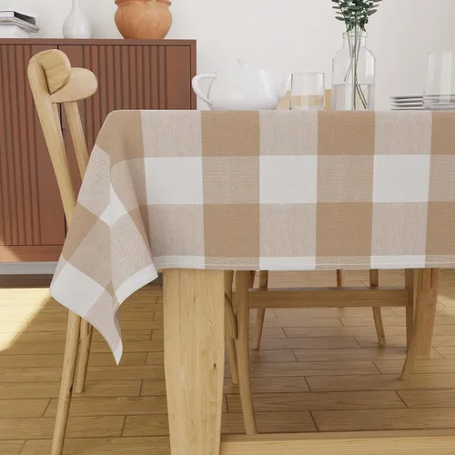 Vista 4 de Encasa XO Mantel cuadrado de algodón de 56 x 56 pulgadas, cuadros beige Cuadros beige búfalo