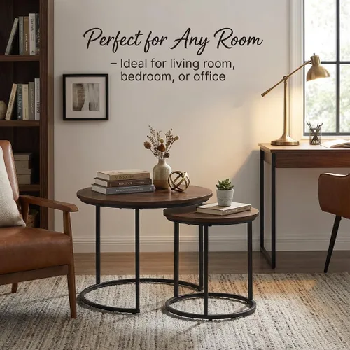 Vista 5 de Juego de 2 mesas auxiliares redondas anidadas, apilables, minimalistas Modern Marble Pattern Wooden Nesting Tables for Living Room Bedroom Small