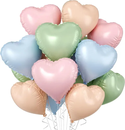 Vista 22 de Globos de corazón azul bebé, 10 piezas de globos en forma de corazón azul claro y blanco pastel, globos de papel de aluminio blanco arena crema