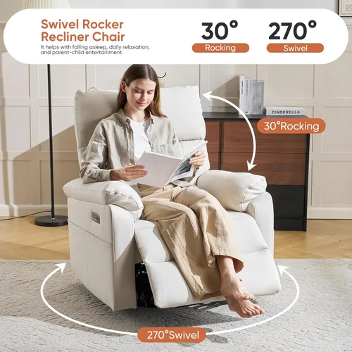 Vista 4 de Silla reclinable eléctrica con soporte lumbar ajustable, sillón reclinable giratorio con reposabrazos sobrerelleno, sillón reclinable para Beige
