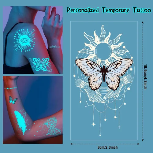 Vista 3 de Mystic Boho - Tatuaje temporal – 26 hojas de flores de mariposa que brillan en la oscuridad, tatuajes temporales para mujeres y niñas, adultos