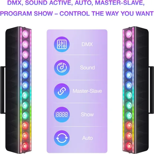 Vista 5 de Barra de luz LED para lavado de escenario, paquete de 2: mezcla de colores RGBW de 60 W - Tiras RGB de doble cara - DMX y activado por sonido