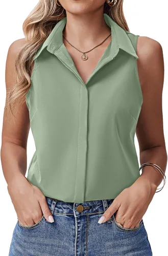 Vista 15 de HOTOUCH Camisas sin mangas con botones ocultos para mujer, frente con botones ocultos, cuello, blusas casuales elegantes holgadas para oficina