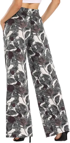 Vista 2 de EEVASS Pantalones estilo palazzo de pierna ancha para mujer, estilo casual, con estampado floral, elásticos, bohemios