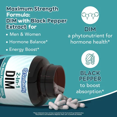 Vista 3 de Suplemento DIM de 300 mg para mujeres y hombres, con extracto de pimienta negra, 90 cápsulas