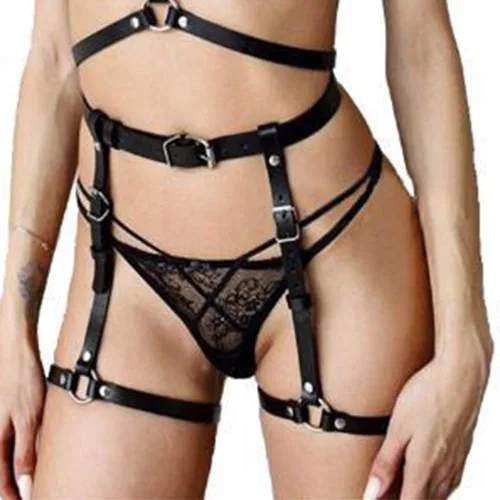 Vista 4 de Asooll Arnés de cadena de cuero punk para piernas y muslo, liguero de muslo, cadena de cintura para el vientre, cadena de cuerpo de moda, fiesta