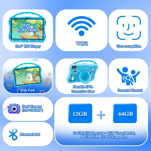 Vista 2 de MengDash Tableta para niños, tableta de 10.1 pulgadas para niños, tableta de aprendizaje educativo Android 14, 12 (4+8) GB de RAM+64GB de Azul