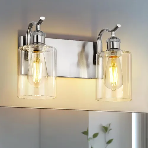 Vista 33 de Lámpara de tocador de baño de 3 luces, aplique de pared de níquel cepillado, lámpara de baño moderna con vidrio transparente, VL01BN-3 Níquel