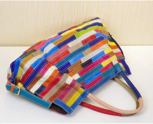 Vista 7 de Bolso Boston multicolor para mujer, de cuero genuino, colorido, grande, bolso de mano